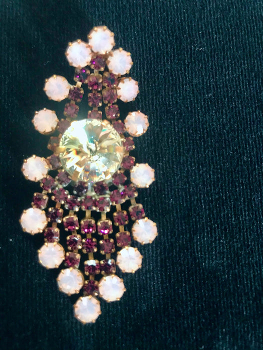 Art Deco Old Czech Glass Burgundy Red Pink Earrings, Xmas Dangle Drop Crystal Rhinestone Chandelier Puzett Mardi Gras Carnival Gift Earrings